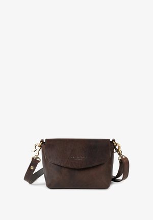 Brown leather crossbody bag with a flap top, gold hardware, and a detachable strap. Features a smooth texture and subtle branding.