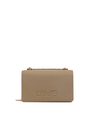 Borsa a tracolla rettangolare beige con superficie texturizzata, logo "LIU·JO MILANO" in rilievo e tracolla a catena dorata.
