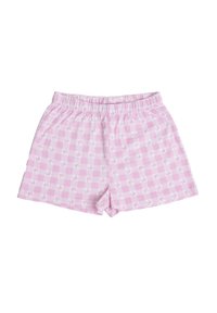 Pantalones cortos a rayas en rosa y blanco con una cinturilla elástica y un sutil patrón de pequeñas siluetas de animales.
