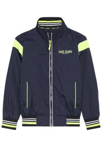 Námořnická bombardovací bunda s neonově žlutými akcenty, se zipovým zapínáním, pruhovanými manžetami a logem na hrudi. Lehký materiál.