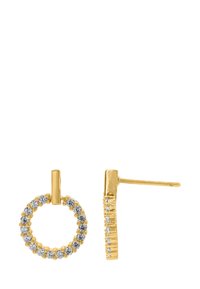 Boucles d'oreilles en or en forme de cercle ornées de pierres claires. Le support a une tige droite avec des accents en pierres sur un côté.