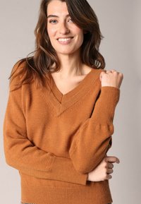 Pull en tricot de couleur ambre avec un col en V, des poignets côtelés et une coupe décontractée, offrant une texture douce et une chaleur légère.