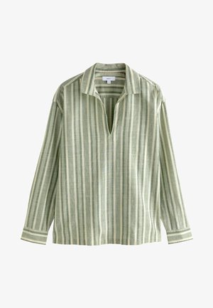 Vihreä raidallinen pitkähihaisena paita, jossa on kaulus, pystysuuntaisia raitoja vaihtelevissa vihreän ja kermankeltaisen sävyissä sekä V-mallinen kaula-aukko.