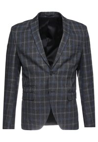 Grau karierter Blazer mit blauen Akzenten, Ein-Knopf-Verschluss, zwei Fronttaschen und geknöpften Revers. Glatte Innenauskleidung.
