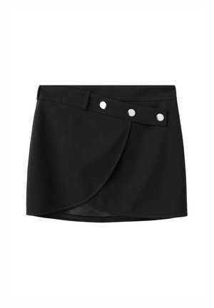 Musta kietaisuhame, jossa on sileä pinta, sivukappale-elementti ja metalliset purjerenkaat sulkemista varten. Lyhyt pituus.