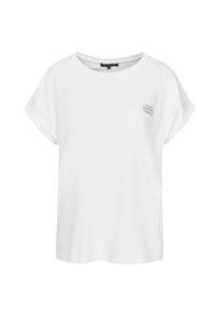 Weißes Kurzarm-T-Shirt aus weicher Baumwolle, mit einem runden Ausschnitt und einem kleinen Druckmotiv auf der linken Brust.