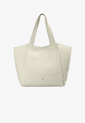 Bolso tote grande color crema con doble asa y un pequeño logo de calavera y huesos cruzados en el centro delantero.