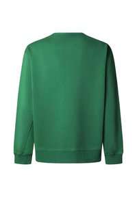 Sweat-shirt vert à manches longues, col rond, et poignets côtelés. Texture lisse sans motifs visibles ni éléments métalliques.