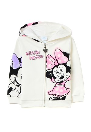 Sweat à capuche zippé blanc pour enfants avec grande impression de Minnie Mouse portant un nœud et une robe rose à pois, et texte "Minnie Mouse" rose sur le devant.