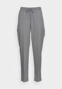 Helle graue Hose mit einem elastischen Bund und Kordelzug. Verfügt über ein gerades Bein-Design und eine subtile Textur. Keine sichtbaren Taschen.