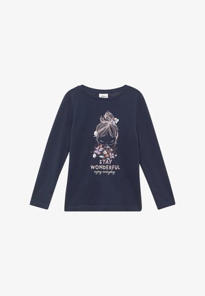 Marineblaues Langarmshirt mit einer Illustration des Gesichts eines Mädchens, Blumen und dem Text "Bleib wundervoll, genieße jeden Tag" auf der Vorderseite.