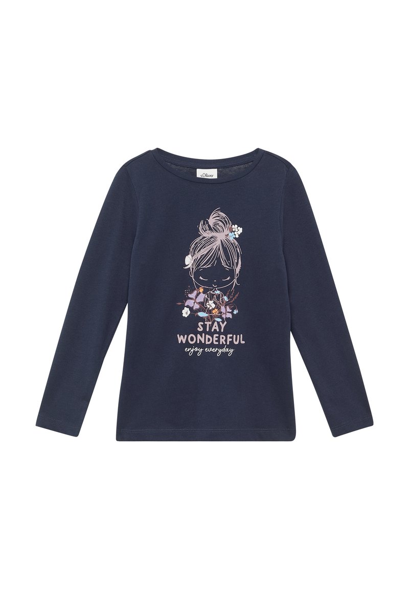Marineblauwe longsleeve shirt met illustratie van het gezicht van een meisje, bloemen en de tekst "Blijf geweldig en geniet van elke dag" op de voorkant.