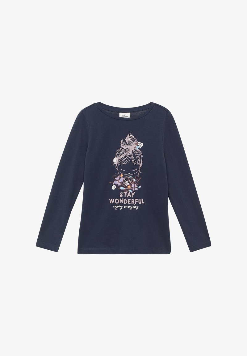 Camisa de manga larga de color marino con una ilustración de la cara de una chica, flores y el texto "Sigue siendo maravillosa, disfruta cada día" en el frente.