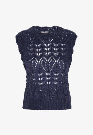 Tengerészkék kötött ujjatlan felső, csipke mintával és nyitott munkával. Kerek nyakkivágás és bordás szegély extra textúrát kölcsönöz.