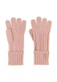 Guanti rosa lavorati a maglia con polsini a coste e dettagli a trecce sul dorso, con un piccolo logo metallico su un polsino.