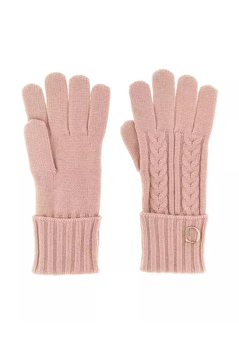 Guanti rosa lavorati a maglia con polsini a coste e dettagli a trecce sul dorso, con un piccolo logo metallico su un polsino.