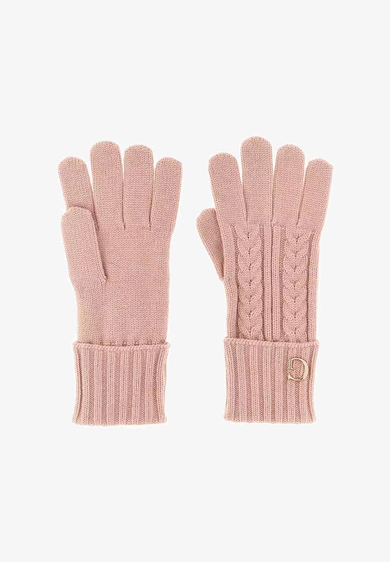 Guanti rosa lavorati a maglia con polsini a coste e dettagli a trecce sul dorso, con un piccolo logo metallico su un polsino.
