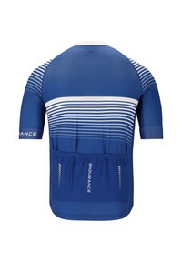 Sininen pyöräilypaita lyhyillä hihoilla, jossa on valkoinen vaakaraidallinen kuvio. Mukana takataskut ja pyöreä kaula-aukko. Sujuvaa kangasta.