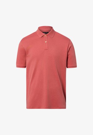 Rotes Herren-Poloshirt mit kurzen Ärmeln, ausgewaschenem Farbton, zwei beigen Knöpfen und klassischem Kragen, dargestellt vor weißem Hintergrund.