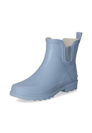 Jasnoniebieski gumowy kalosz do kostki z fakturowaną podeszwą, elastycznymi panelami bocznymi i pętelką z tyłu.