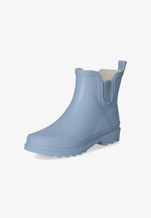 Botte de pluie en caoutchouc bleu clair hauteur cheville, avec semelle texturée, panneaux latéraux élastiques et languette à l’arrière.