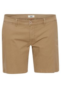 Beige Shorts aus Baumwollmischgewebe mit Knopfverschluss, Gürtelschlaufen und klassischem Fünf-Taschen-Design in glatter Textur.