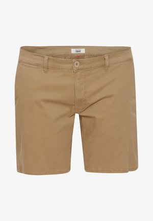 Beige shorts lavet af en bomuldsblanding, der har knaplukning, bæltestropper og klassisk fem-lommers design med en glat tekstur.
