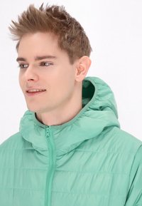 Lichtgroene hoodiejack met een gequiltde textuur en een ritssluiting aan de voorkant. Heeft een hoge kraag en subtiele horizontale stiksels.
