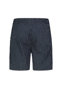 Marineblaue gestreifte Shorts aus leichtem Stoff, mit einem elastischen Bund und einer Gesäßtasche auf der rechten Seite.