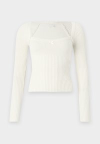 Top à manches longues côtelé en blanc cassé. Présente un design ajusté avec un décolleté en forme de bénitier et un petit accent en forme de nœud sur la poitrine.