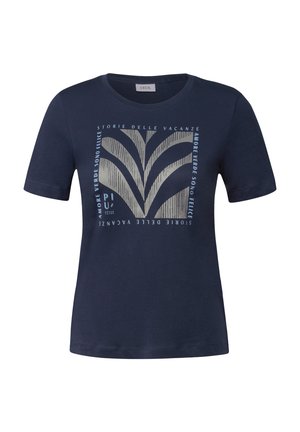 Navyblaue Baumwoll-T-Shirt mit rundem Ausschnitt. Die Vorderseite zeigt ein Druckdesign mit grafischen Elementen und Text in hellen Farben. Kurze Ärmel.