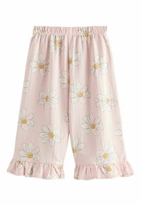 Pantalones cortos rosa claro con una cintura elástica, decorados con margaritas blancas de centros amarillos y dobladillos con volantes para un detalle adicional.