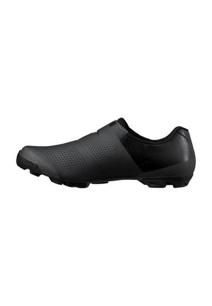 Zapato de ciclismo negro con parte superior perforada, cierre de velcro y suela con tacos diseñada para ciclismo de montaña.