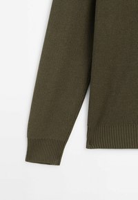 Pull tricoté à manches longues de couleur vert olive avec poignets et ourlet côtelés, présenté sur un fond blanc.