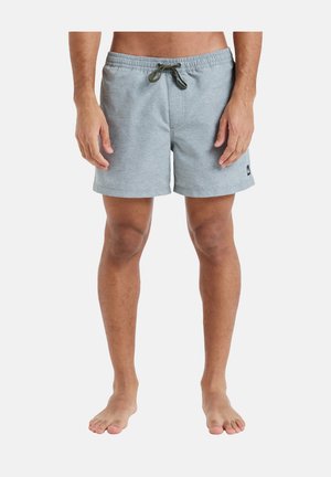 Gray shorts made of soft fabric, featuring an elastic waistband with a drawstring, side pockets, and a small logo at the hem.