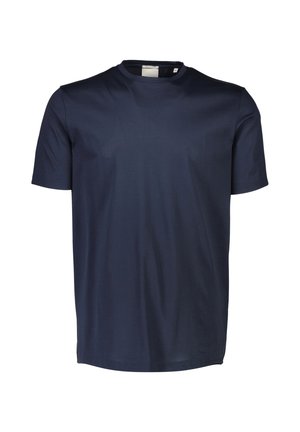 Marineblaue Baumwoll-T-Shirt mit Rundhalsausschnitt, kurzen Ärmeln und einer glatten Textur. Einfaches Design, keine sichtbaren Muster oder Hardware.