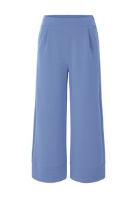 Lichtblauwe broek met wijde pijpen, gemaakt van een gladde stof, met een elastische tailleband en twee voorplooien; heeft een omgeslagen zoom en een eenvoudig ontwerp.