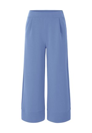 Light blue wide-leg pants with a smooth fabric, elastic waistband, and two front pleats; features a folded hem and simple design.