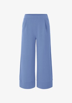 Light blue wide-leg pants with a smooth fabric, elastic waistband, and two front pleats; features a folded hem and simple design.