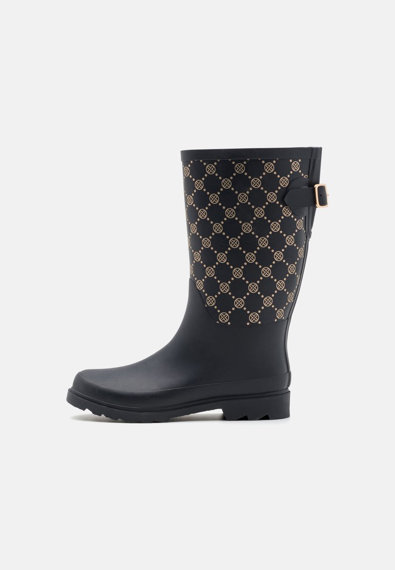 Black rubber rain boot with a patterned upper featuring gold accents, a rounded toe, and a side buckle detail for fit adjustment.