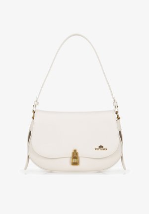 Borsa a spalla in pelle bianca con flap arrotondato, hardware dorato e chiusura a gancio. Presenta una tracolla regolabile e logo in rilievo.