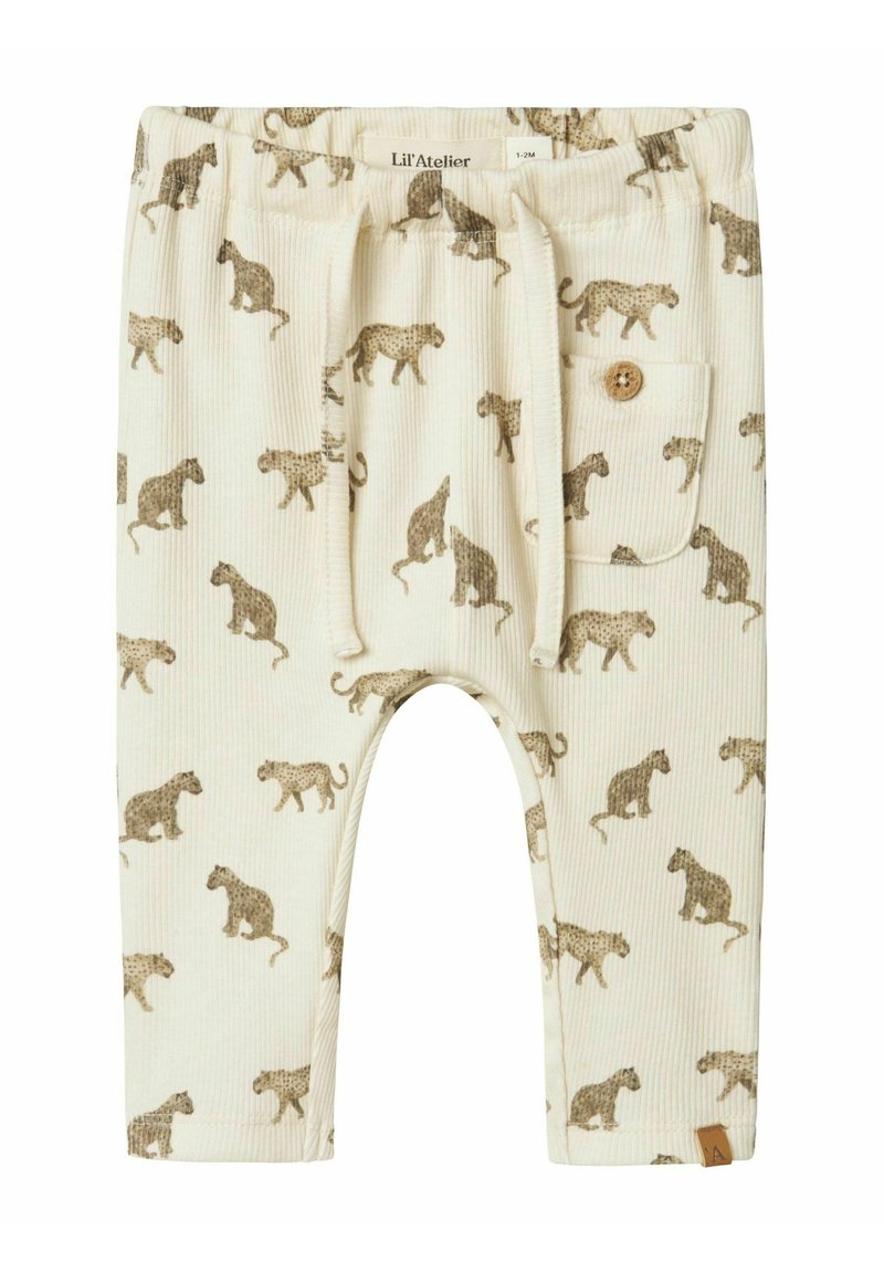 Crèmekleurige ribbroek met een herhalend bruin dierenprint, voorzien van een accentzak met een knop en een tailleband met koord.