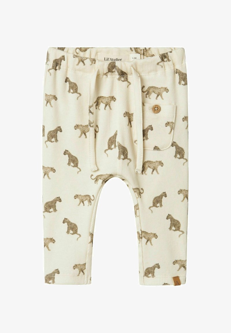 Crèmekleurige ribbroek met een herhalend bruin dierenprint, voorzien van een accentzak met een knop en een tailleband met koord.