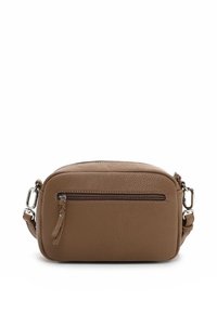 Borsa a tracolla in ecopelle marrone con forma rettangolare, tasca posteriore con zip e tracolla regolabile. Superficie testurizzata con una leggera venatura.