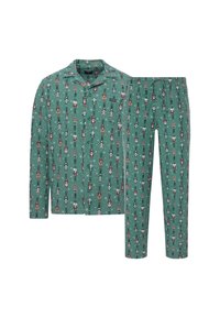 Green pajama set featuring a button-up shirt and pants, with a repeated nutcracker pattern, made of soft fabric with a smooth texture.