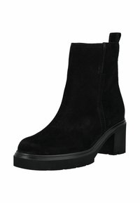 Bottine noire en daim avec talon bloc épais, bout rond et languette à l’arrière, sur fond blanc.