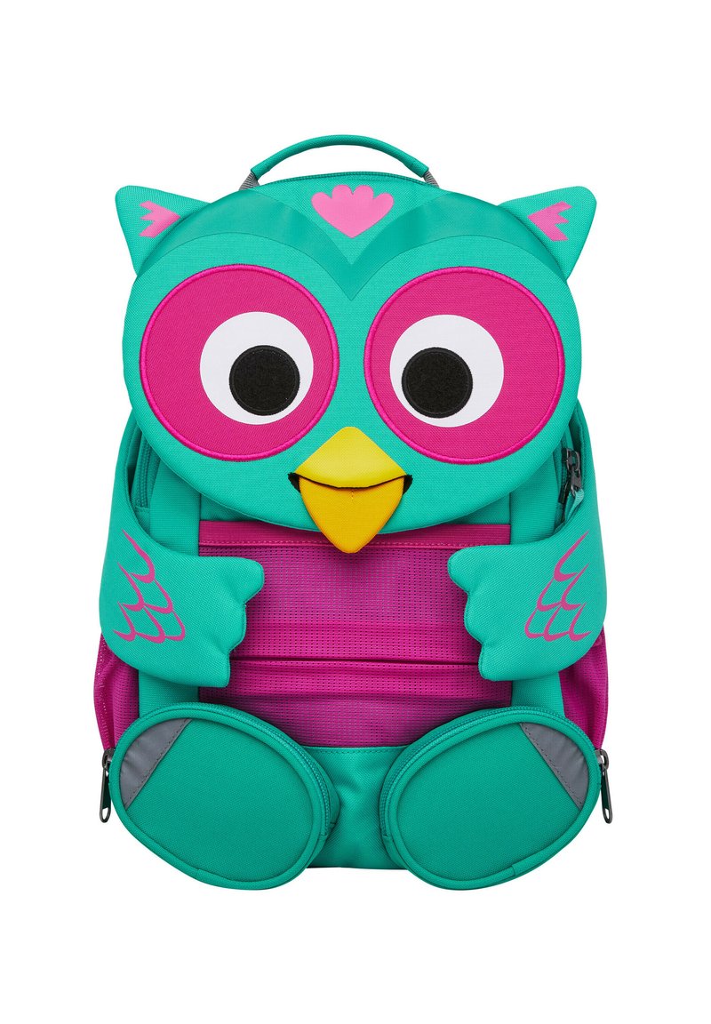 Taschenrücken in Form einer Eule, türkis und pink, mit großen Augen, detaillierten Flügeln und einem kleinen Schnabel; mit Fronttaschen mit Reißverschlüssen.