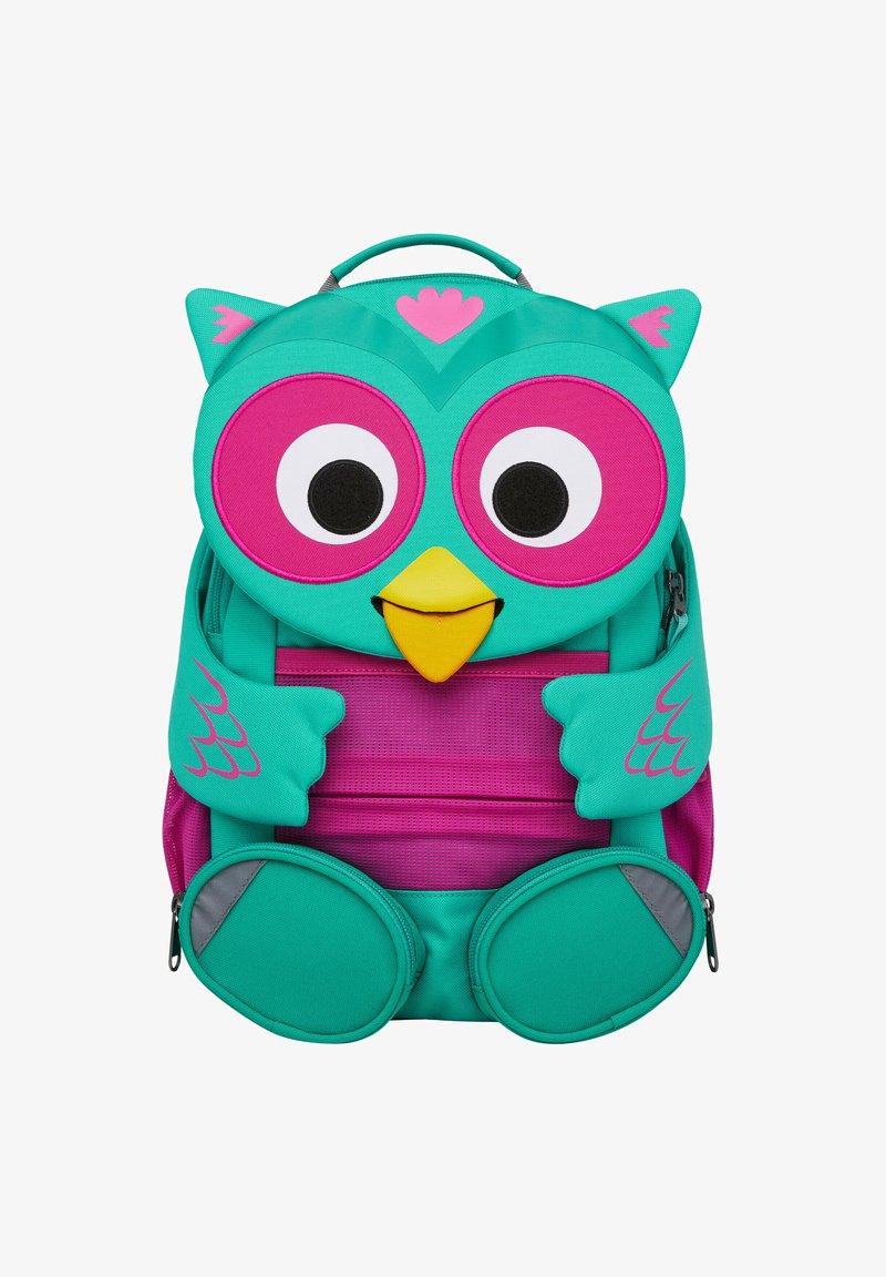 Taschenrücken in Form einer Eule, türkis und pink, mit großen Augen, detaillierten Flügeln und einem kleinen Schnabel; mit Fronttaschen mit Reißverschlüssen.