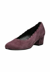 Zapato de tacón de gamuza morado con un diseño ondulado, punta redondeada y un tacón bajo tipo bloque. Plantilla texturizada y suela lisa para un mejor agarre.