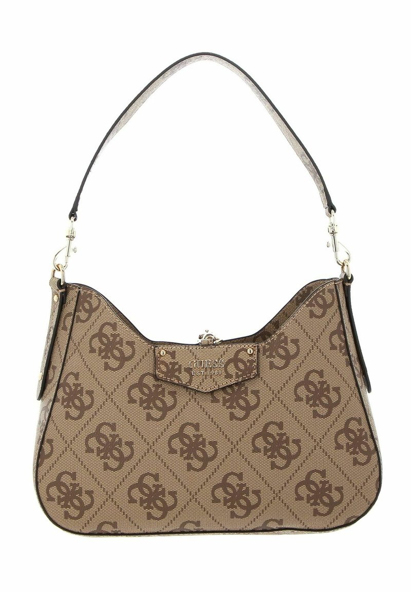Sac à main marron Guess avec motif logo répété, sanglon unique et petit rabat avant avec détail métallique de la marque.